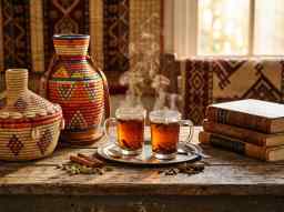 Somali cultural scene with traditional tea and community setting